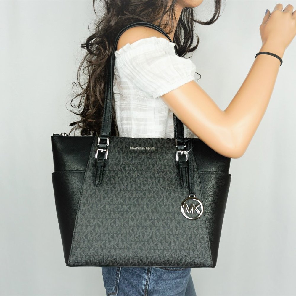 Michael Kors Charlotte Tote Shoulder Bag MK Black - Picture 1 of 12